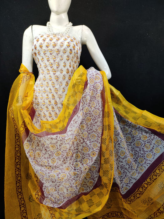Kota Doria Yellow Suit Material Handblock Printed with Zari Border Dupatta-Indiehaat