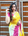 Cotton Linen Saree Yellow & Pink Color Shibori Hand Dyed with running blouse - IndieHaat