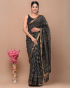 Maheshwari Silk Saree black Handblock Printed With running blouse (Silk by Silk)