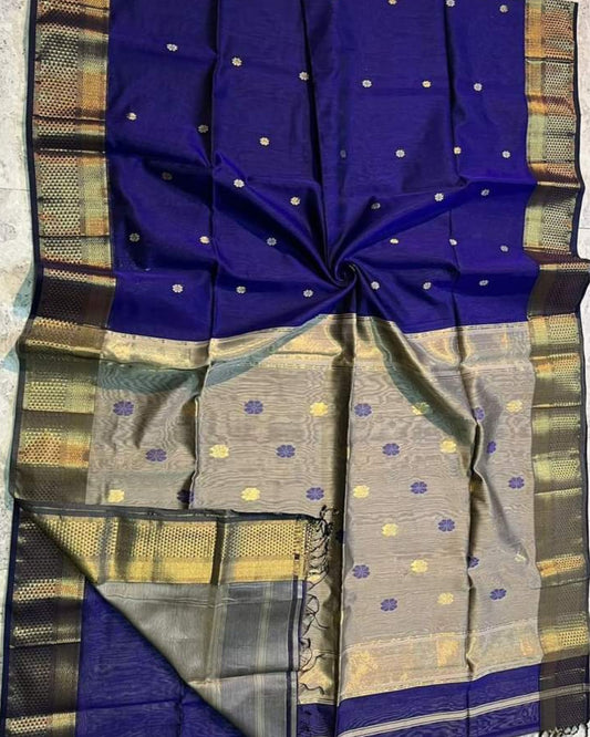 Maheshwari Silk Saree Indigo Blue Color Handloom Handwoven Zari Border with flower Buti work pallu and contrast blouse - IndieHaat
