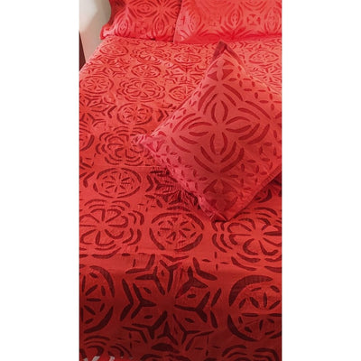 Handcrafted Red Aplique Work King Size Double Bed Cover (7.5 Ft X 9 Ft)With 2 Pllow Covers And 2 Cushion Covers-Indiehaat