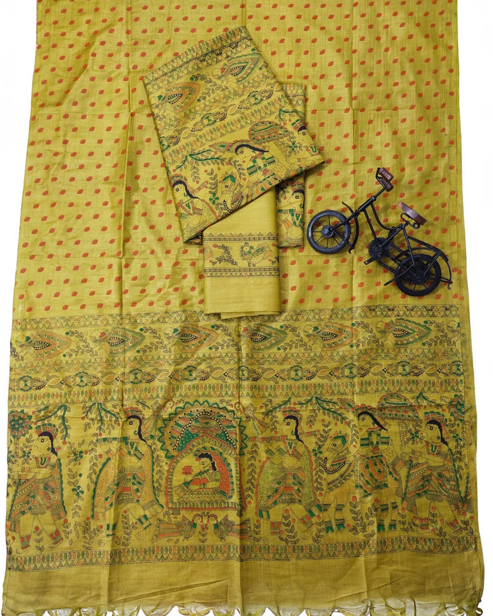 Katan Silk Suit Mustard Yellow Color Madhubani Print - IndieHaat