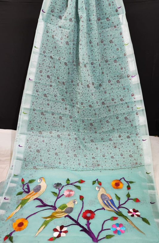 Kota Doria Paithani Embroidery Designer Saree Pale Green Colour with running blouse-Indiehaat