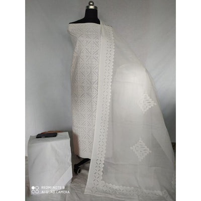 Cotton Applique work White Suit with Organdy Dupatta-Indiehaat