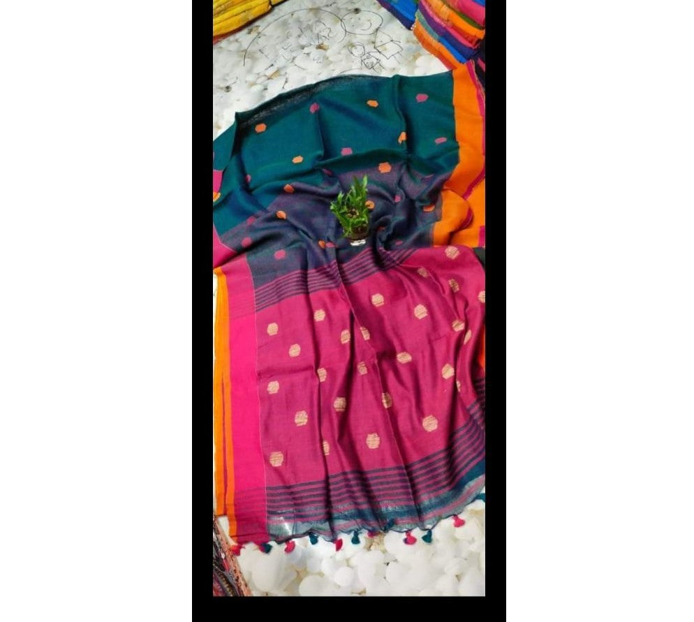 Pure Linen Jacquard work Weaving Design Handloom Green and Pink Saree with Blouse-Indiehaat