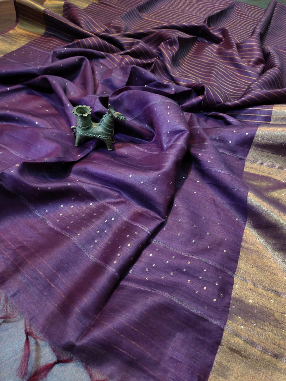Kota Slub Striped Body Sequence Pallu Hand Dyed Violet Saree with Blouse-Indiehaat