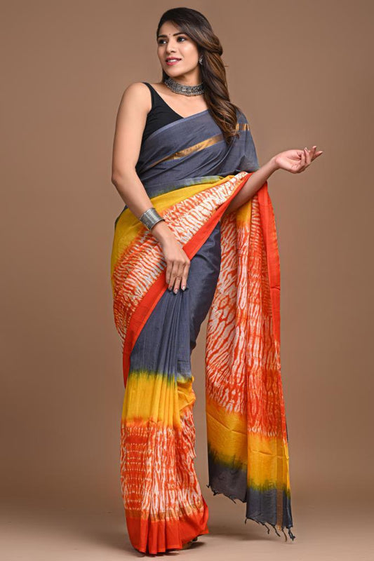 Pure Assam Silk Orange and Blue Saree Hand Block Print with Running Blouse-Indiehaat