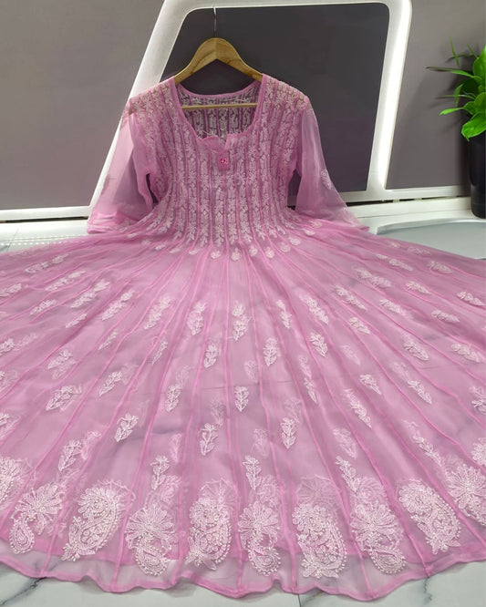 Georgette Anarkali Gown (56 kali) Pastel Pink Color Chikankari work with inner - IndieHaat