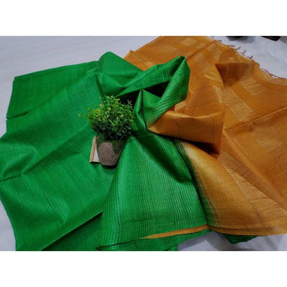 Silkmark Certified Eri Tussar Striped Green Body Saree with Mustard Pallu Colour Blouse-Indiehaat