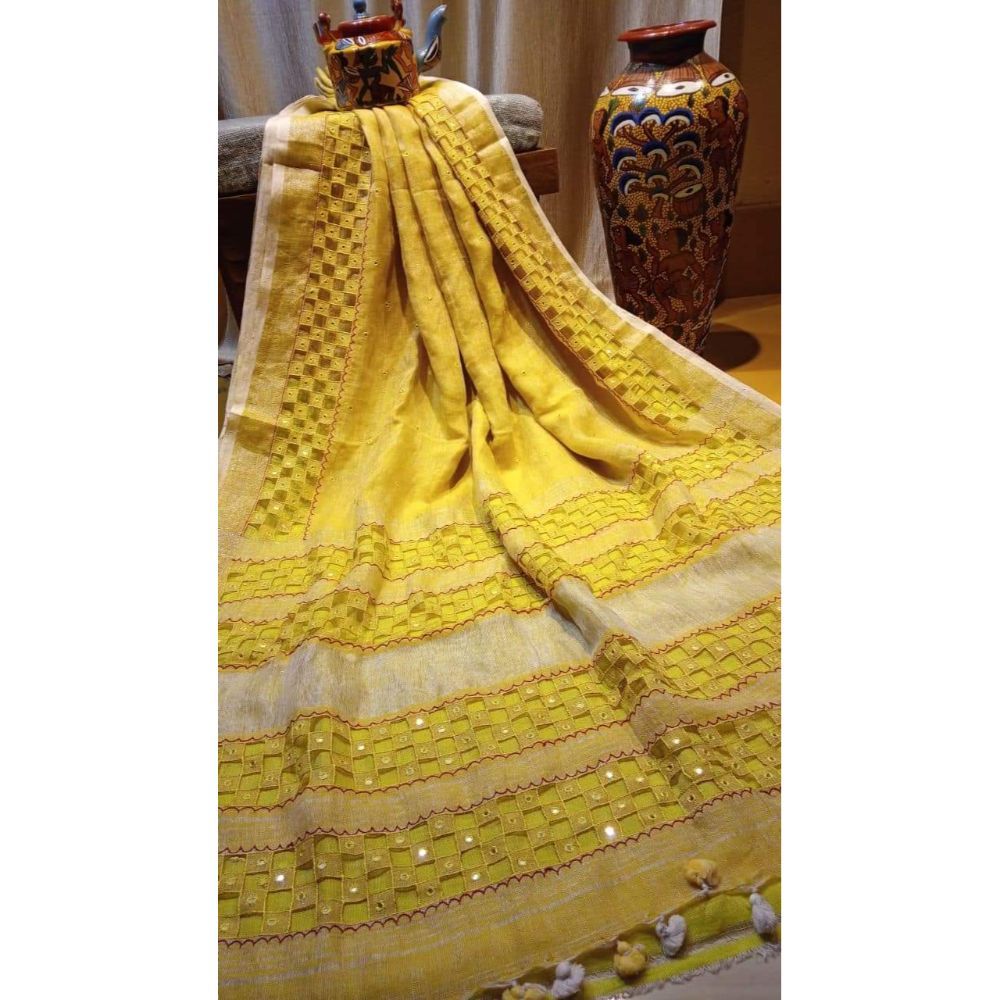 Pure Linen Hand Cutwork Design Yellow Saree with Running Blouse-Indiehaat