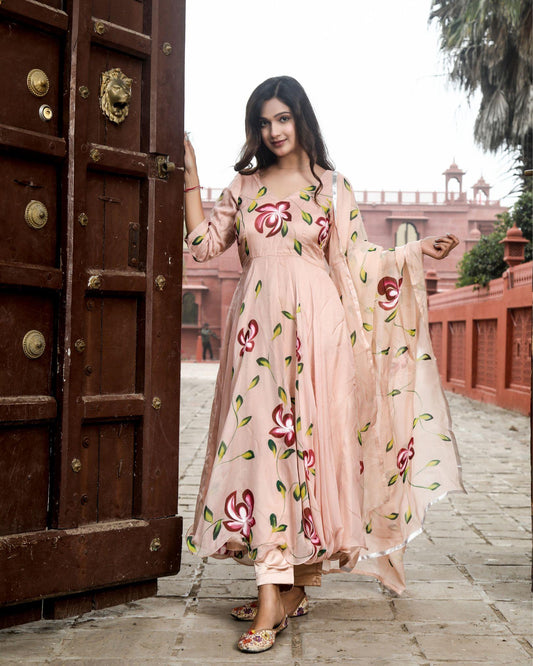 Organza Stitched Suit Light Peach Color Hand painted - IndieHaat