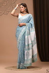 Mulmul Cotton Blockprinted Gorgeous Blue Saree