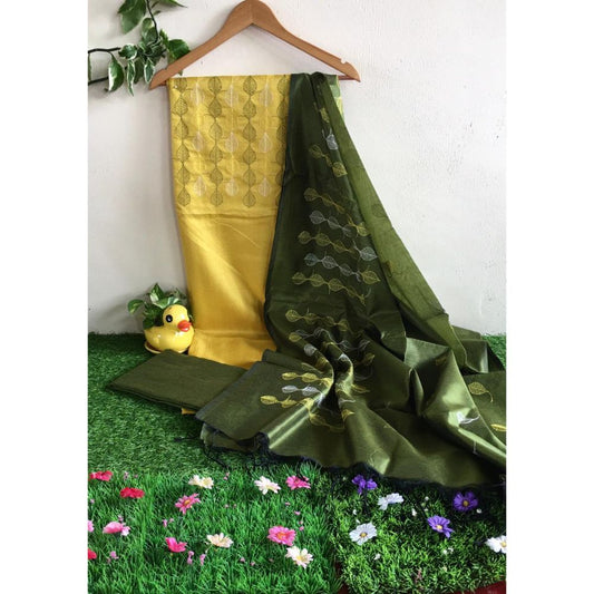 Katan Silk Yellow Suit Piece with Green Bottom and Dupatta Embroidered-Indiehaat