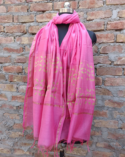 Chanderi Silk Dupatta Bright Pink Color Applique Work - IndieHaat