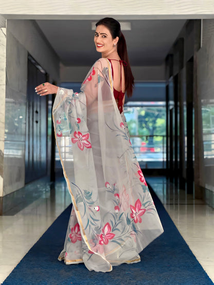 Organza Silk Saree Grey Color Hand Painted with running blouse - IndieHaat