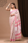 Mulmul Cotton Blockprinted Pastoral Pink Saree