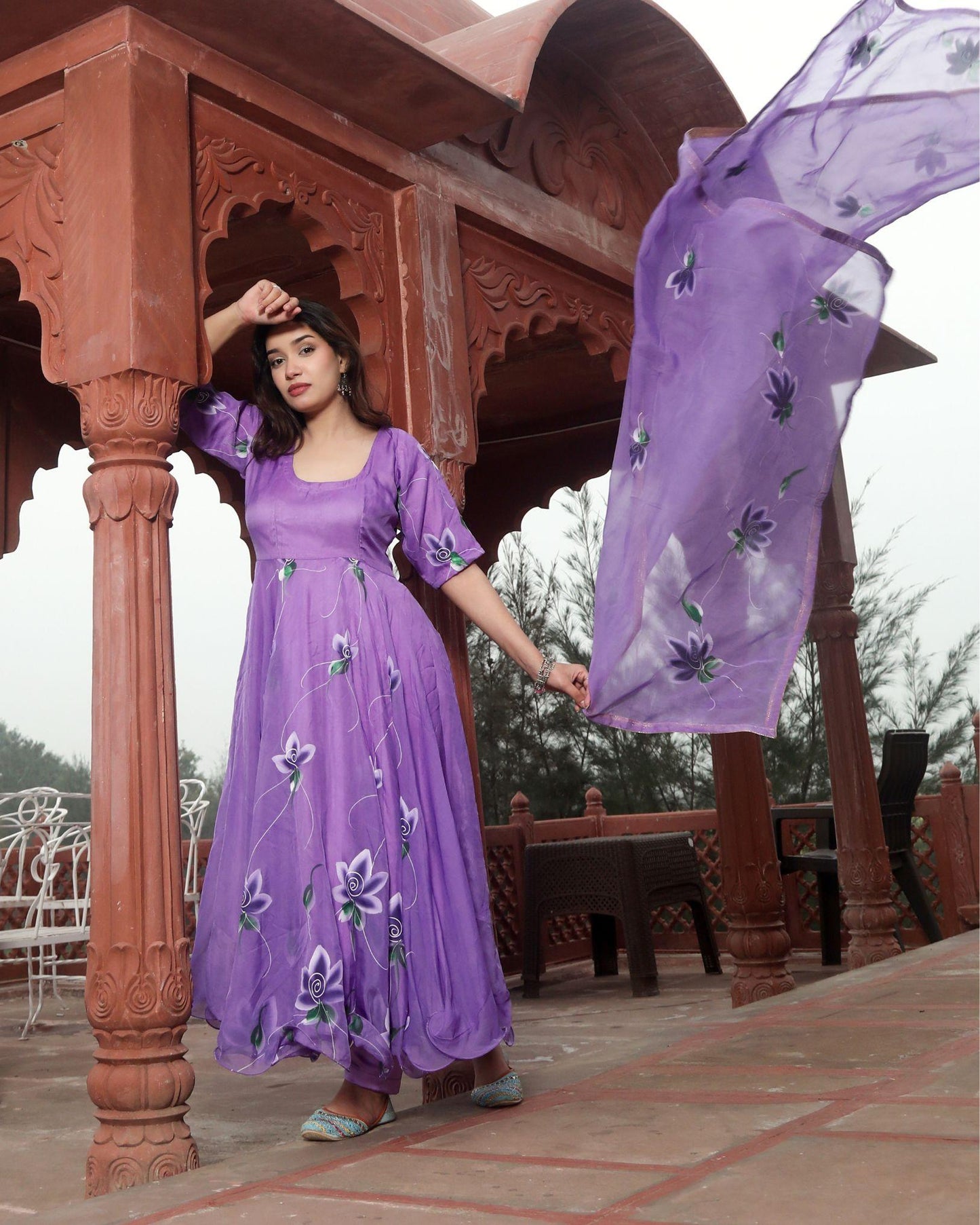 Organza Stitched Suit Purple Color Hand painted - IndieHaat