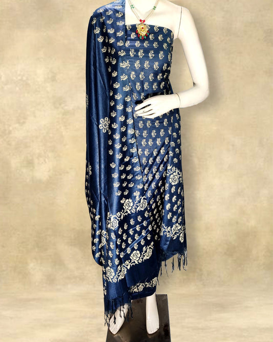 Katan Silk Suits Indigo Blue Color Handblock Printed - IndieHaat 