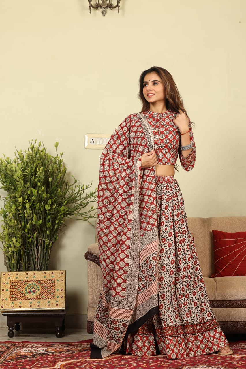 Handblock Printed Cotton Lehanga And Top With Mulmul Dupatta (Size: 34-46) Red & Beige Color-Indiehaat