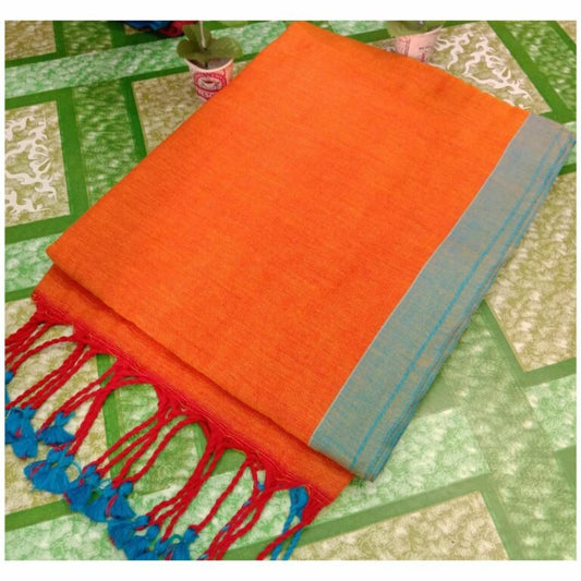Pure Handloom Mul Cotton Orange Saree 120 Count (Without Blouse)-Indiehaat