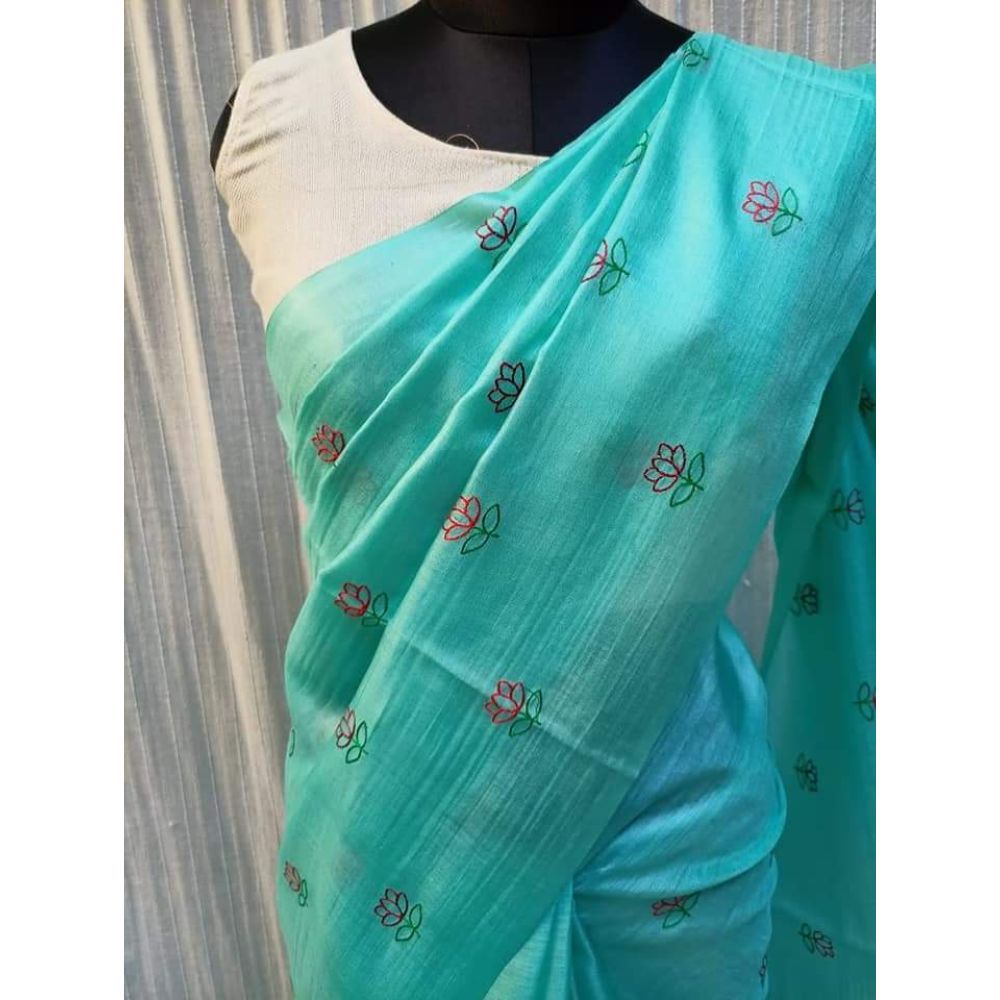 Silkmark Certified Pure Tussar Silk Embroidered Handloom Blue Saree with Blouse (Tussar by Tussar)-Indiehaat