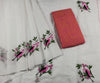 Kota Doria Embroidery White Saree with Red blouse Handcrafted-Indiehaat