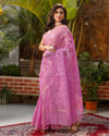 Pure Cotton Kota Doria Saree Rose Pink Color Jaal Embroidery with running blouse - IndieHaat