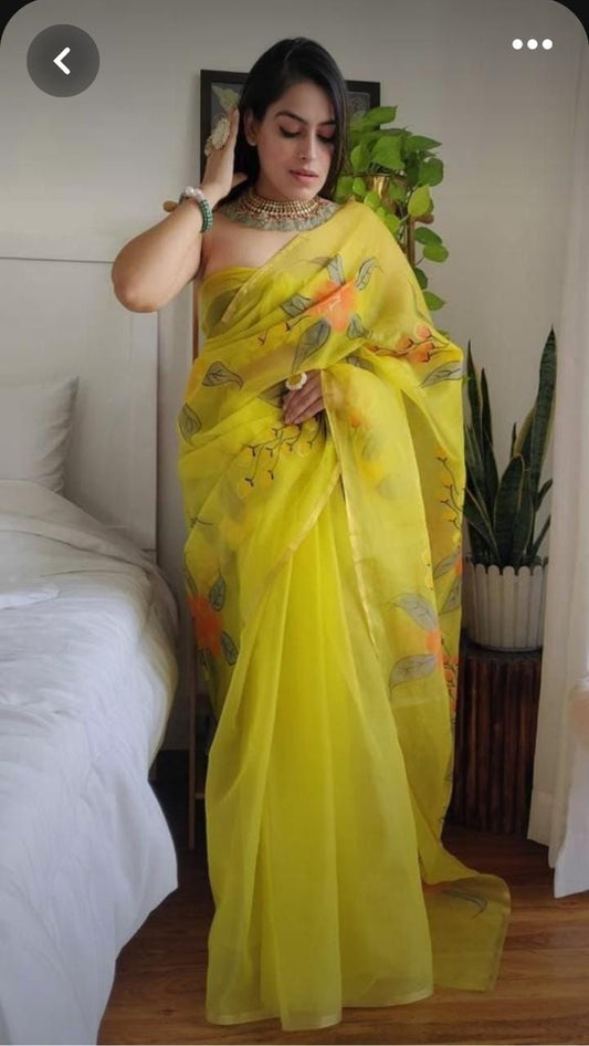 Organza Silk Saree Olive Green Color Hand Painted with running blouse - IndieHaat