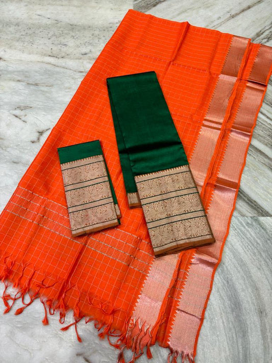 Mangalagiri Lehanga Sets Orange & Dark Green Color 300 K Kanchi Border (Lehanga+Blouse+Dupatta) - IndieHaat