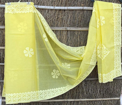 Organdy Cotton Saree Applique work Light Yellow Colour with running blouse