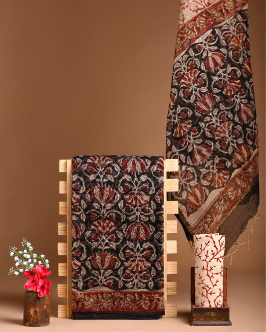 Kota Doria Suit (Top+Bottom+Dupatta) Brown Color Handblock printed - IndieHaat