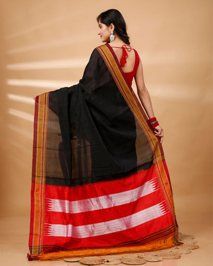 ILKAL Handloom Cotton Silk Saree Black Color with running blouse - IndieHaat