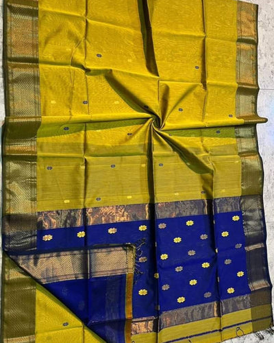Maheshwari Silk Saree Goldenrod Yellow Color Handloom Handwoven Zari Border with flower Buti work pallu and contrast blouse - IndieHaat