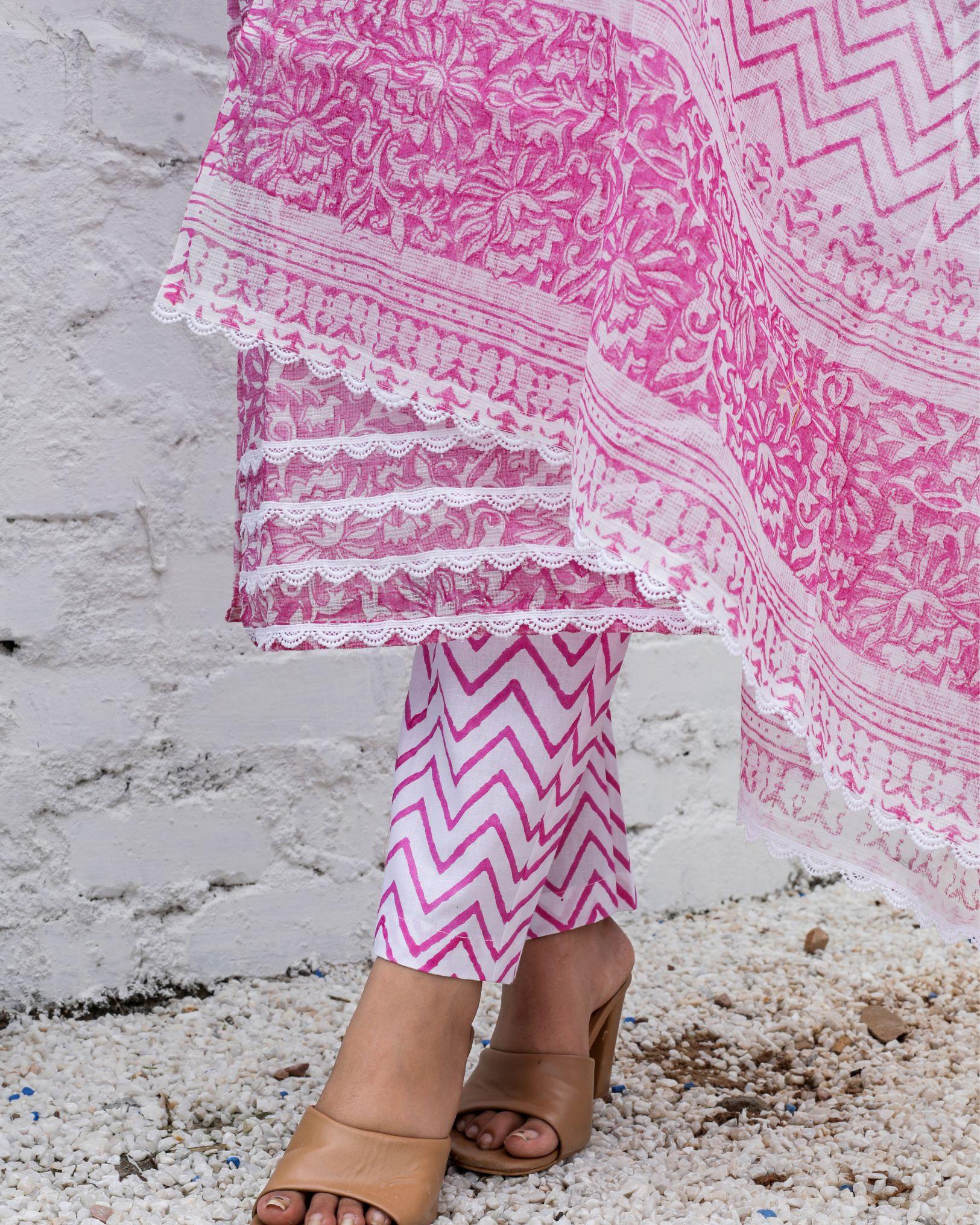Kota Doria Suits (Top+Bottom+Dupatta) Pink  Color Handblock print with Stitch embroidery work - IndieHaat