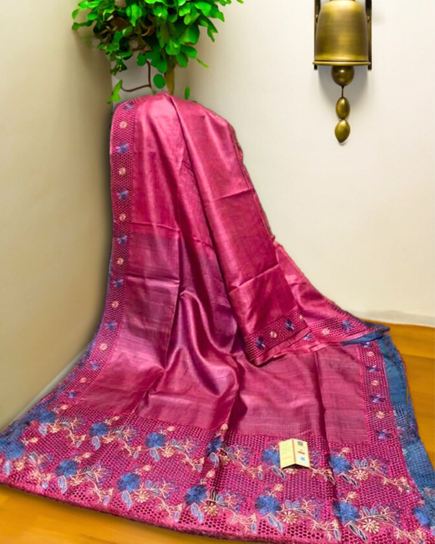 Silkmark Certified Pure Tussar Silk Saree Berry Pink Color Hand Embroidery with Hand Cutwork and running blouse - IndieHaat