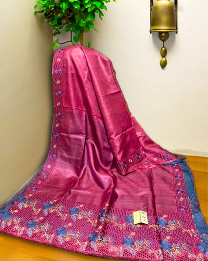 Silkmark Certified Pure Tussar Silk Saree Berry Pink Color Hand Embroidery with Hand Cutwork and running blouse - IndieHaat