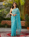 Pure Cotton Kota Doria Saree Turquoise Blue Color Jaal Embroidery with running blouse - IndieHaat