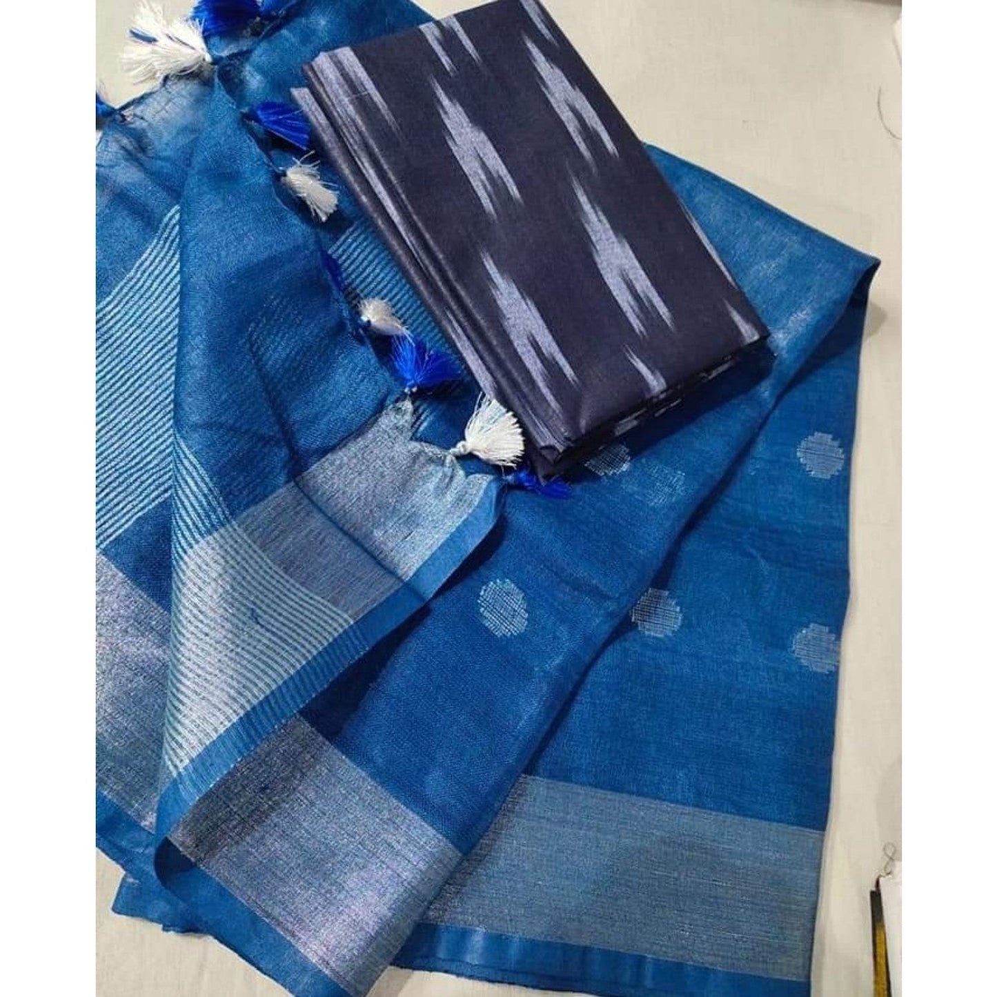 Pure Linen Blue Dupatta With Ikkat Kurti Material-Indiehaat