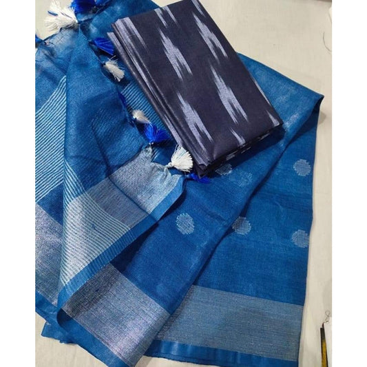 Pure Linen Blue Dupatta With Ikkat Kurti Material-Indiehaat