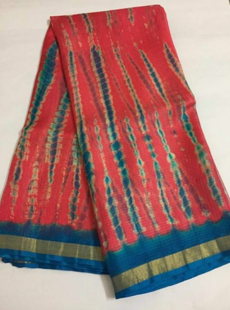 Pure Silk Kota Doria Multi Tye-Dye Sarees Mahogany Red Color with running blouse-Indiehaat