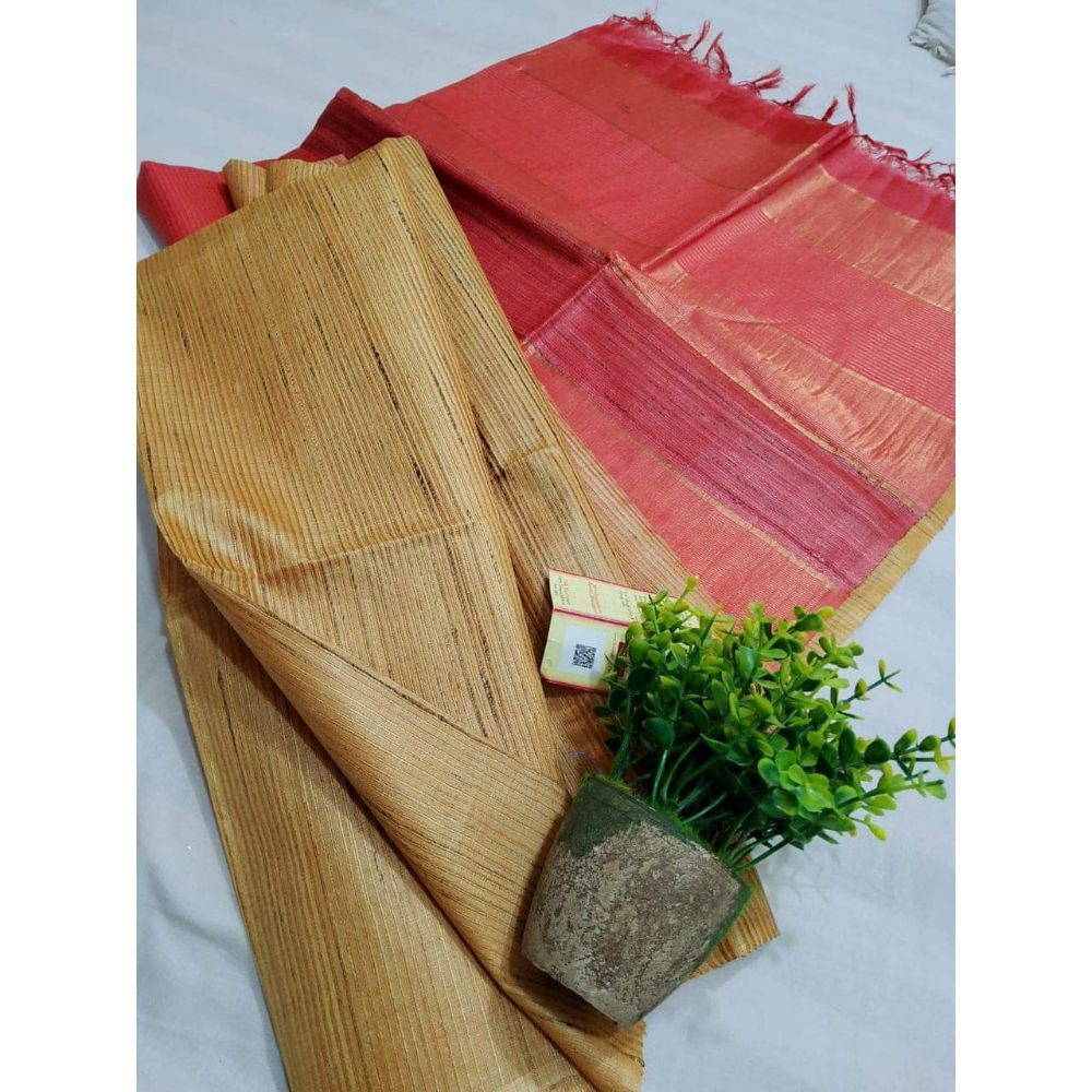 Silkmark Certified Eri Tussar Striped Mustard Brown Body Saree with Red Pallu Colour Blouse-Indiehaat