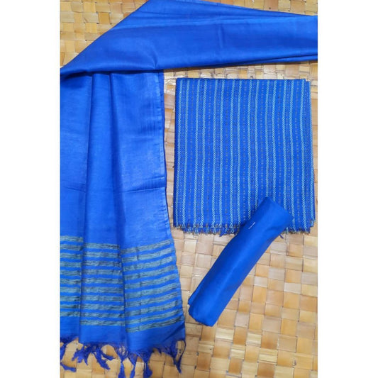 Katan Silk Blue Suit Piece with Bottom and Dupatta Handcrafted-Indiehaat