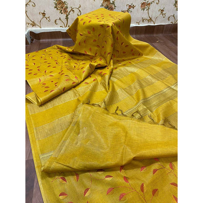 Silkmark Certified Eri Silk Digital Embroidered Yellow Saree with Running Blouse-Indiehaat