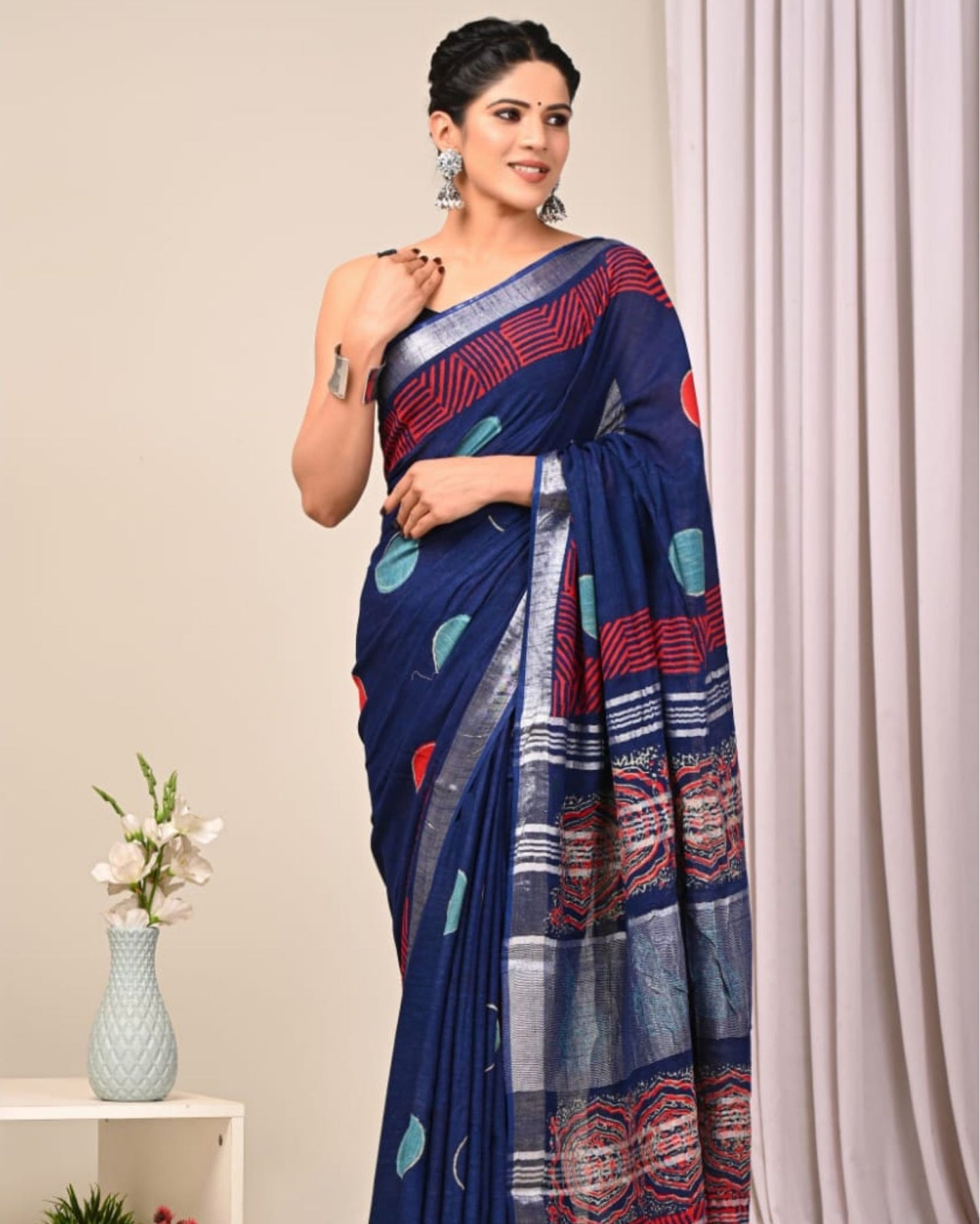 Linen Saree Dark Blue Color Handblock Kalamkari Printed with running blouse - IndieHaat