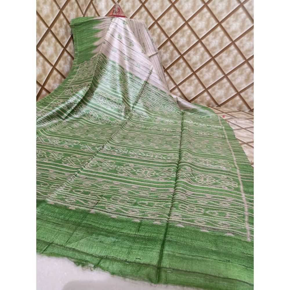 Silkmark Certified Tussar Silk Handloom Handblock Printed White Saree with Blouse-Indiehaat