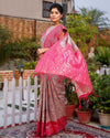 Banarasi Silk Saree Light Beige & Pink Color with contrast pallu and blouse - IndieHaat