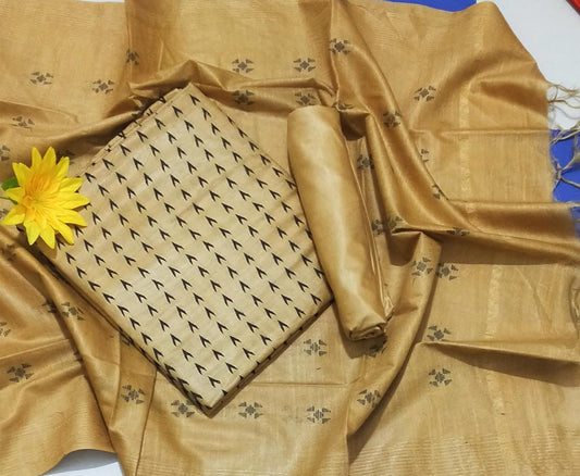 Handcrafted Katan Silk Golden Yellow Suit Piece with Bottom and Dupatta-Indiehaat