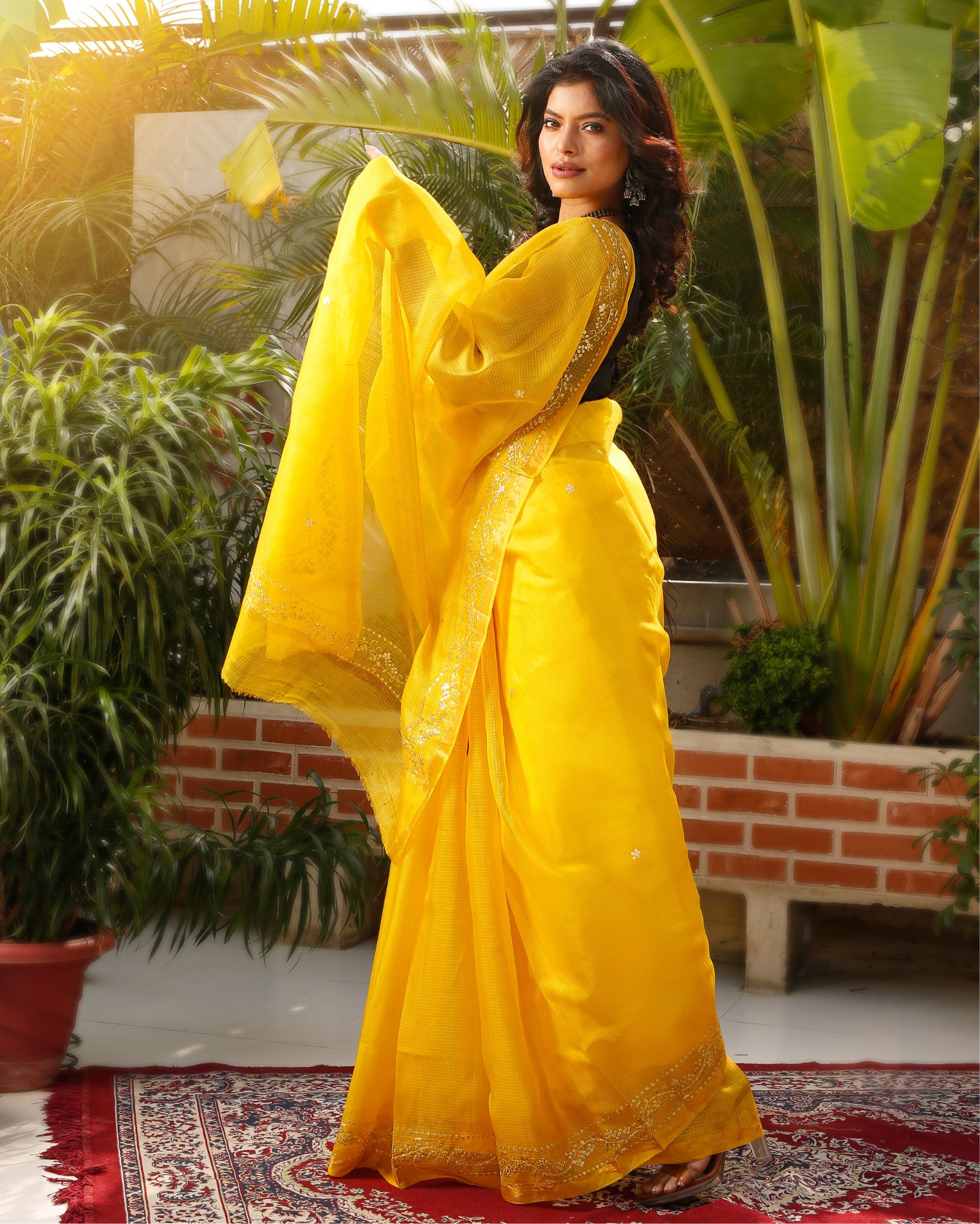Pure Silk Kota Doria Saree Banana Yellow Color allover Hand Pitta work with running blouse - IndieHaat