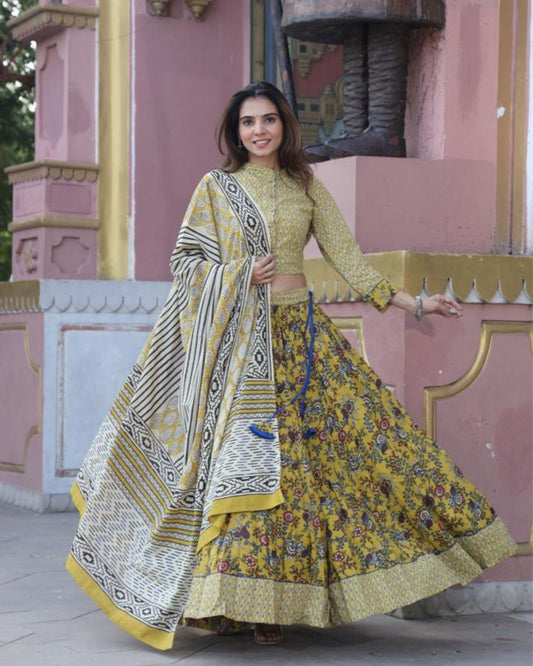 Handblock Printed Cotton Lehanga And Top With Mulmul Dupatta (Size 34-46) Mustard Yellow Color-Indiehaat