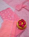 Kota Doria Suits Light Crimson Pink & Light Coral Color Embroidery Work (Top+Bottom+Dupatta) - IndieHaat